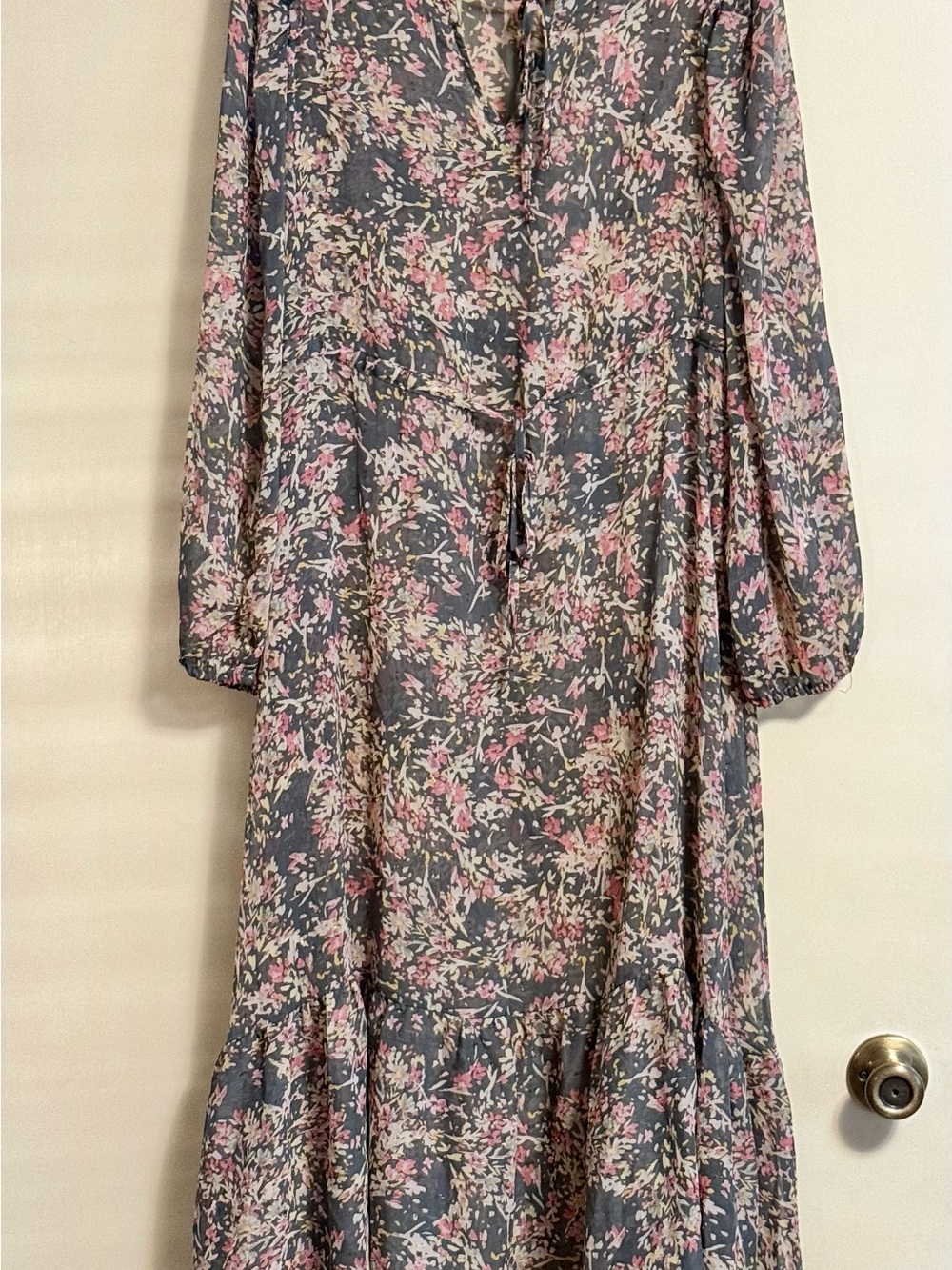 a.n.a Gray Floral Long-Sleeve Maxi Dress with Pink Accents